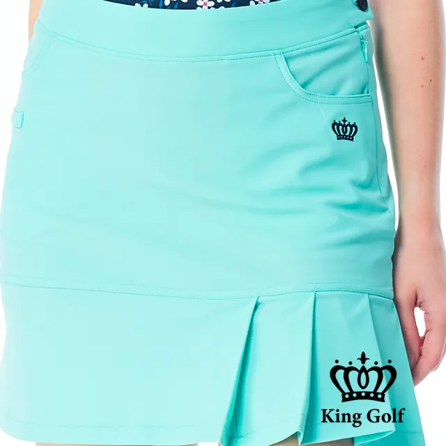 【KING GOLF】網路限定款-女款立體刺繡素面修身荷葉百褶A LINE短裙/高爾夫球裙-綠色