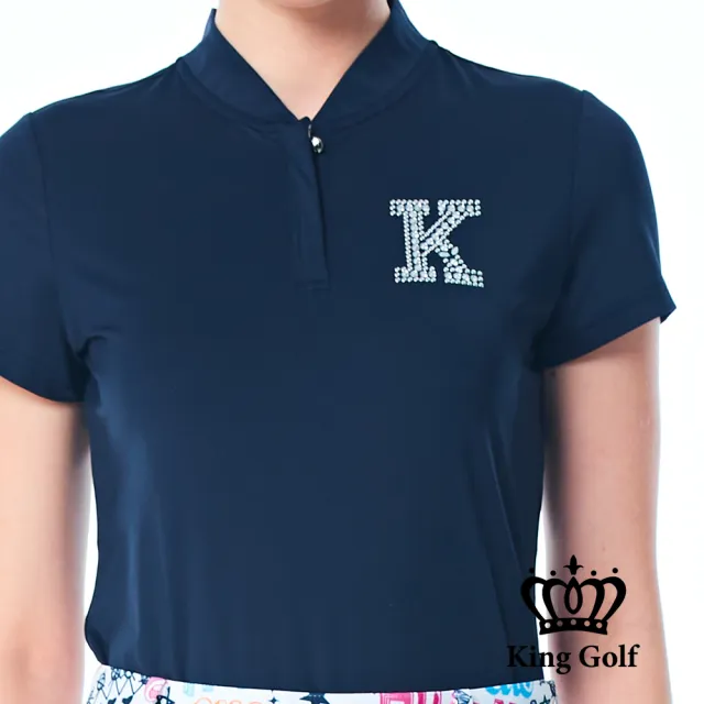 【KING GOLF】網路限定款-女款素面立體燙鑽襯衫立領拉鍊POLO衫/高爾夫球衫-丈青