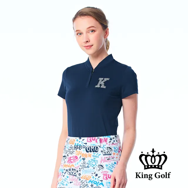 【KING GOLF】網路限定款-女款素面立體燙鑽襯衫立領拉鍊POLO衫/高爾夫球衫-丈青