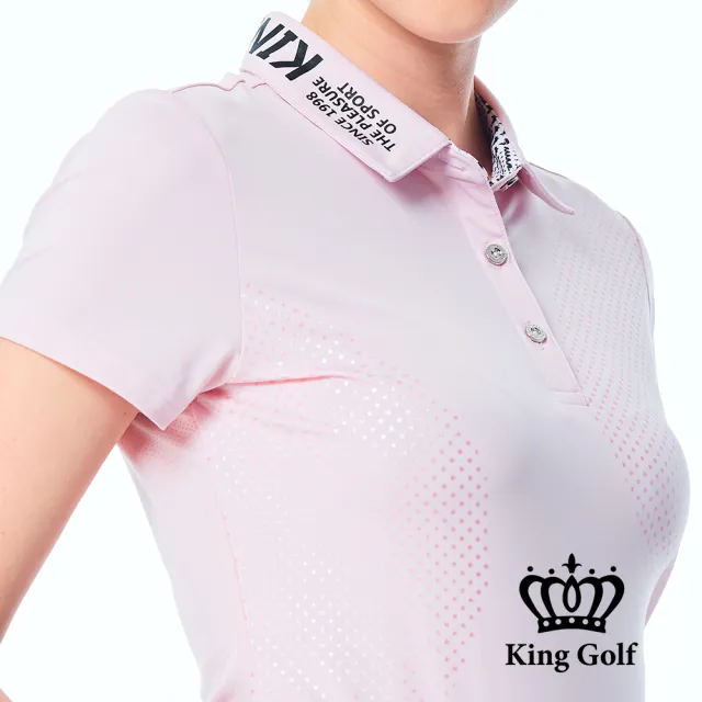 【KING GOLF】網路限定款-女款素色領口文字千鳥格印花POLO衫/高爾夫球衫-粉色