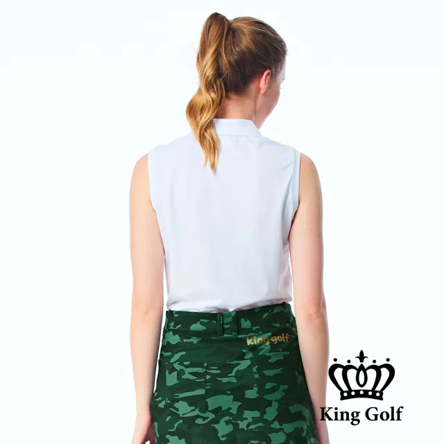 【KING GOLF】網路限定款-女款素色燙銀線條無袖背心POLO衫/高爾夫球衫-白色