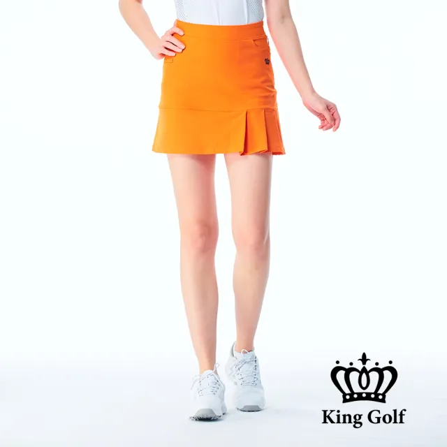 【KING GOLF】網路限定款-女款立體刺繡素面修身荷葉百褶A LINE短裙/高爾夫球裙-橘色