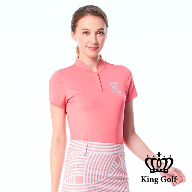 【KING GOLF】網路限定款-女款素面立體燙鑽襯衫立領拉鍊POLO衫/高爾夫球衫-粉色