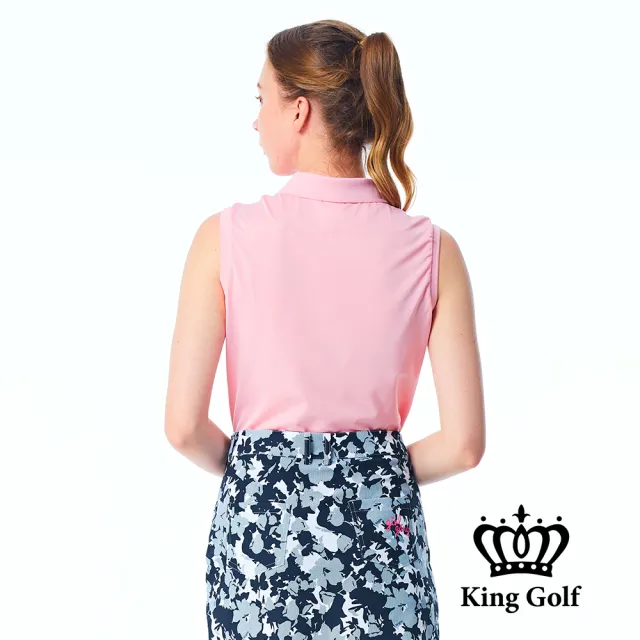 【KING GOLF】網路限定款-女款素色燙銀線條無袖背心POLO衫/高爾夫球衫-粉色