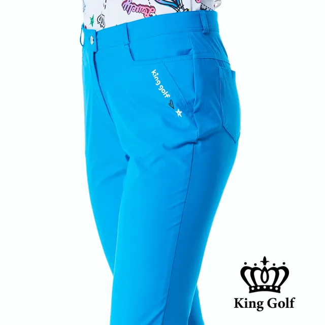 【KING GOLF】網路限定款-女款LOGO燙印舒適修身素面休閒長褲/高爾夫球褲-藍色