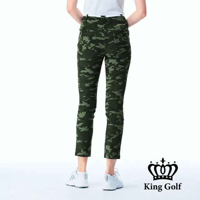 【KING GOLF】網路限定款-女款立體皇冠刺繡滿版數位迷彩印圖舒適修身休閒長褲/高爾夫球褲-綠色