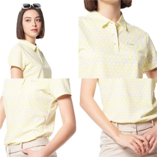 【Lynx Golf】女款吸溼排汗機能滿版配色線條印花Lynx字樣繡花短袖POLO衫/高爾夫球衫(淺黃色)