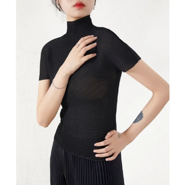 【米蘭精品】現貨+預購 三宅風皺褶衣服褶皺上衣摺衣彈力女裝顯瘦折衣大碼(短袖立領T恤7色74fg3)