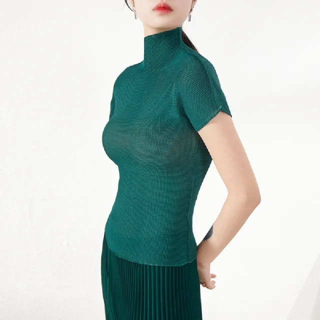【米蘭精品】現貨+預購 三宅風皺褶衣服褶皺上衣摺衣彈力女裝顯瘦折衣大碼(短袖立領T恤7色74fg3)