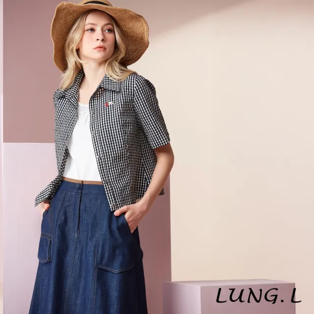 【LUNG.L 林佳樺】LU39A 黑白棉質細格紋翻領排釦短版短袖襯衫(罩衫)