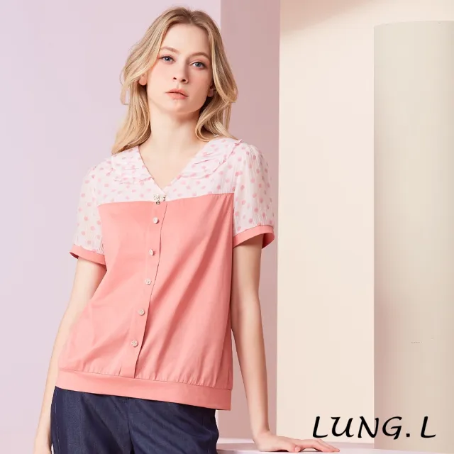 【LUNG.L 林佳樺】LU69A 粉色拼接波點娃娃領氣質短袖女裝上衣-棉質-透氣-顯白