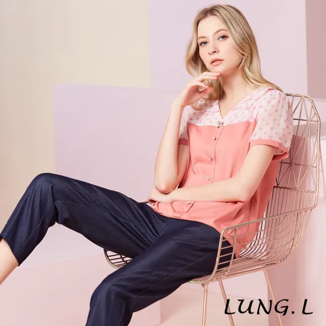 【LUNG.L 林佳樺】LU69A 粉色拼接波點娃娃領氣質短袖女裝上衣-棉質-透氣-顯白