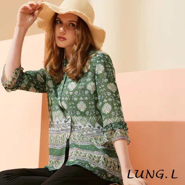 【LUNG.L 林佳樺】LU31A 綠色高雅印花前開襟雪紡七分袖女裝上衣