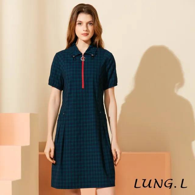 【LUNG.L 林佳樺】LU88H 質感藍綠格紋搭紅色拉鍊短袖洋裝