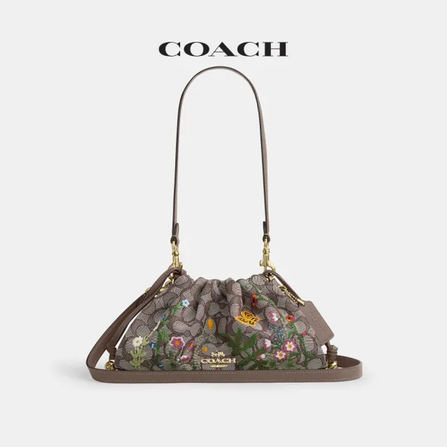 【COACH】蔻馳官方直營 FAYE 花卉刺繡單肩手袋 肩背包 拉繩包 斜背包(CDZ02)