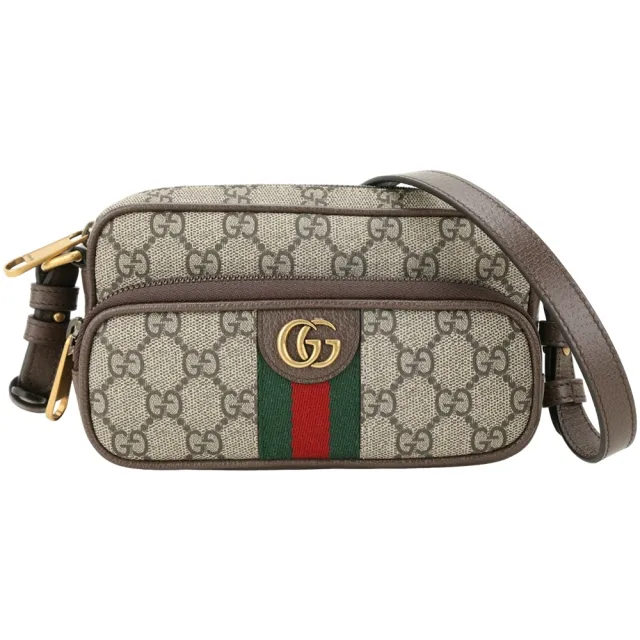 【GUCCI 古馳】Ophidia GG Supreme 綠紅織帶口袋斜背 腰包 烏木色