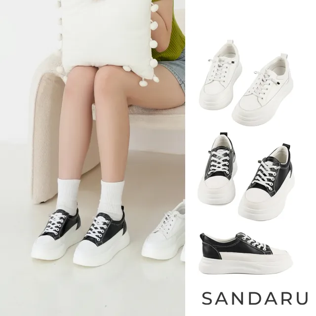 【SANDARU 山打努】小白鞋 真皮免綁帶厚底休閒鞋 白鞋 女慢跑鞋 女增高鞋 帆布鞋 運動鞋