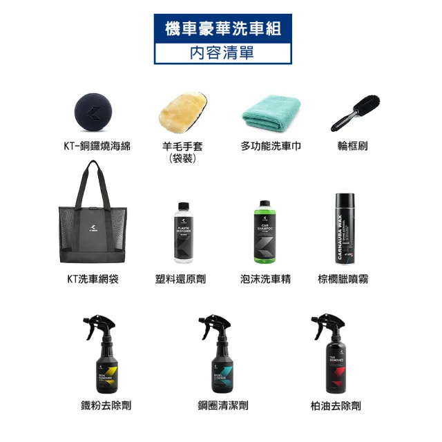 【KT BIKER】機車豪華洗車組(優惠組 洗車工具 棕櫚蠟 機車美容 自助洗車 機車 輪框清潔)