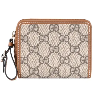 【GUCCI 古馳】GG Emblem 經典雙G印花拼接手掛式零錢短夾(駝棕)