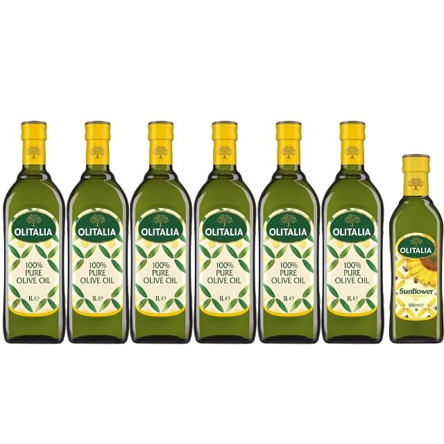【Olitalia 奧利塔】純橄欖油1000mlx6瓶禮盒組+贈頂級葵花油500mlx1瓶