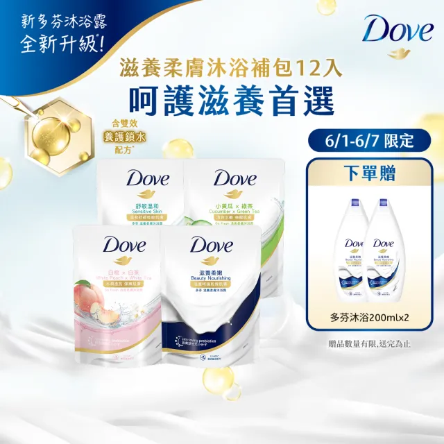【Dove 多芬】滋養系列柔膚沐浴乳補充包12入/箱(滋養柔嫩/舒敏溫和/清爽水嫩/桃悅水透)