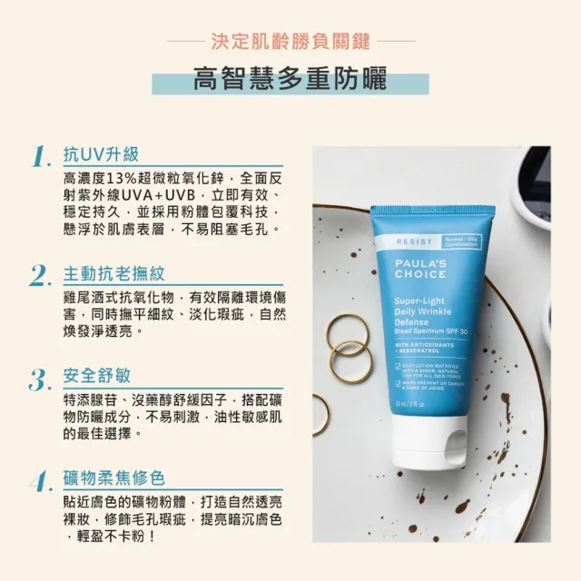【Paulas Choice 寶拉珍選】抗老化防曬乳60ml任選*共2入(SPF30潤色款/SPF50無油款/SPF50保濕款)