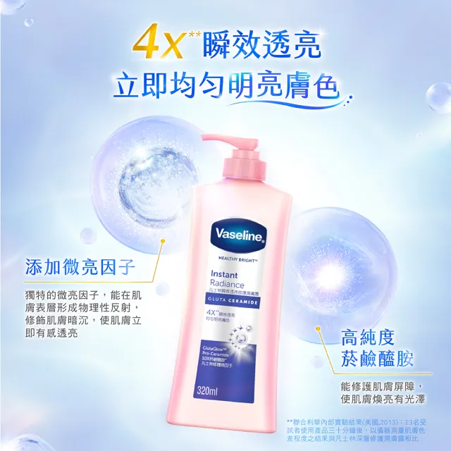 【Vaseline 凡士林】官方直營 透亮系列潤膚露320ml_3入組(十效彈潤/涼感水潤/SPF30透亮防曬 美白乳液)