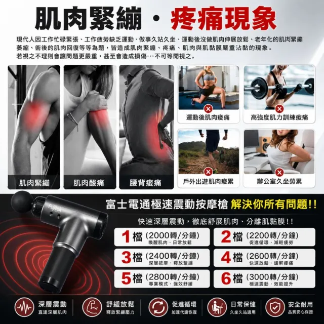 【Fujitek 富士電通】極速震動按摩槍 六顆按摩頭筋膜槍 FTM-G01(六檔調速六顆按摩頭)