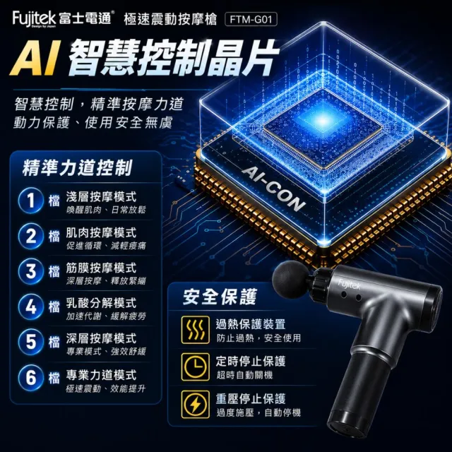 【Fujitek 富士電通】極速震動按摩槍 六顆按摩頭筋膜槍 FTM-G01(六檔調速六顆按摩頭)