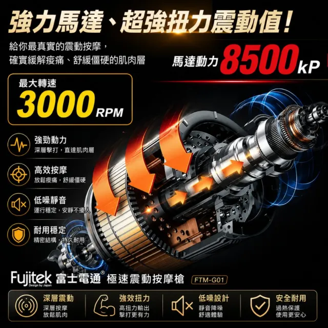【Fujitek 富士電通】極速震動按摩槍 六顆按摩頭筋膜槍 FTM-G01(六檔調速六顆按摩頭)
