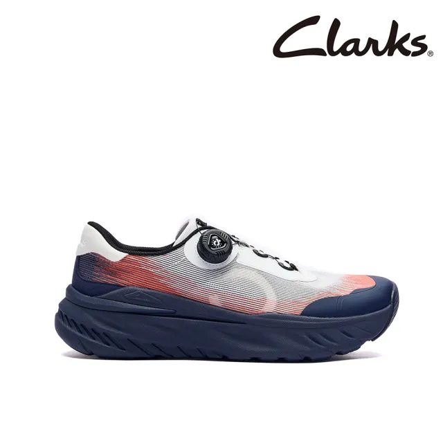 【Clarks】男鞋 微風跑-Zeph Run Rad織物旋鈕扣輕量厚底運動鞋 休閒鞋 增高鞋(深藍/橘色)(CLM87366C)