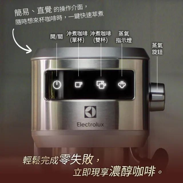 【Electrolux 伊萊克斯】極致美味500半自動義式咖啡機 兩色任選(E5EC1-51ST/E5EC1-51MB)