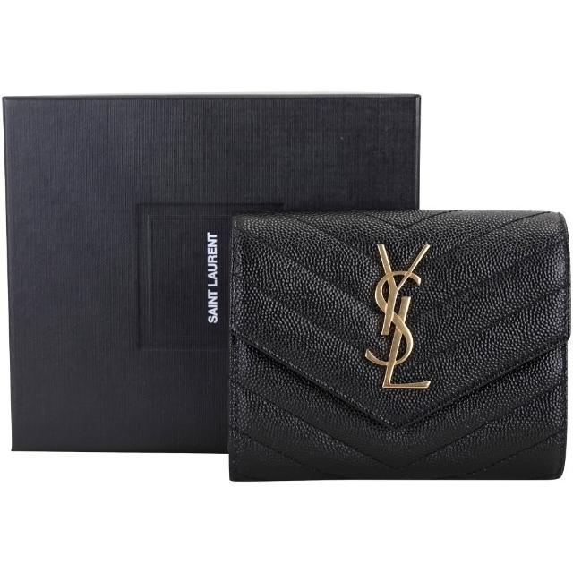 【YSL】Saint Laurent MONOGRAM 魚子醬牛皮三折短夾-黑色