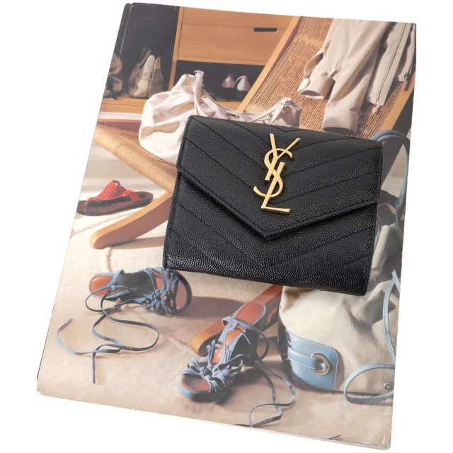 【YSL】Saint Laurent MONOGRAM 魚子醬牛皮三折短夾-黑色