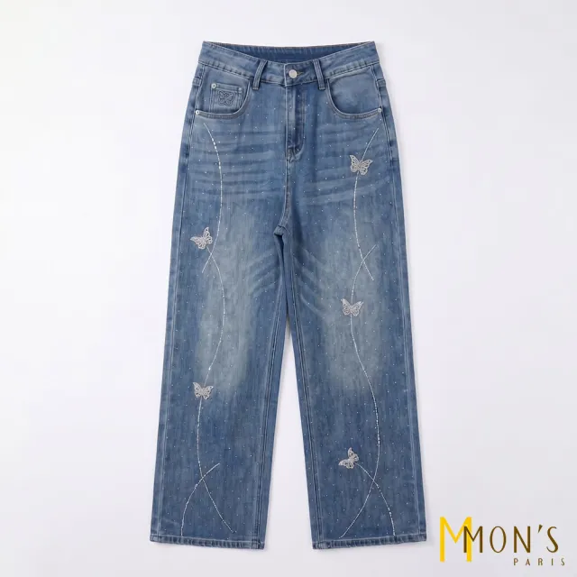 【MON’S】閃鑽蝶舞闊腿牛仔褲