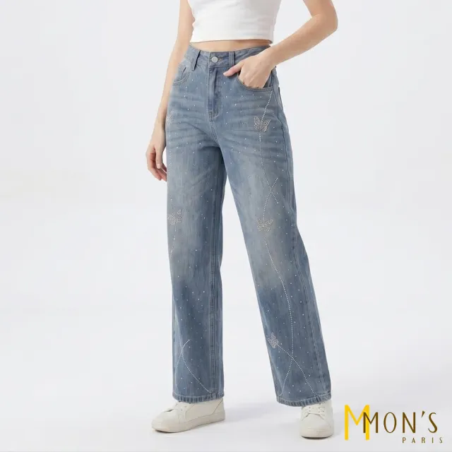 【MON’S】閃鑽蝶舞闊腿牛仔褲