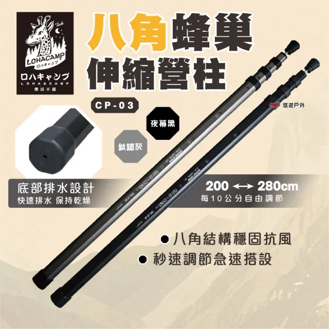 【樂活不露】八角蜂巢伸縮鋁合金營柱 200cm/280cm 黑/灰 蜂巢營柱 鋁合金營柱 伸縮營柱 露營 悠遊戶外