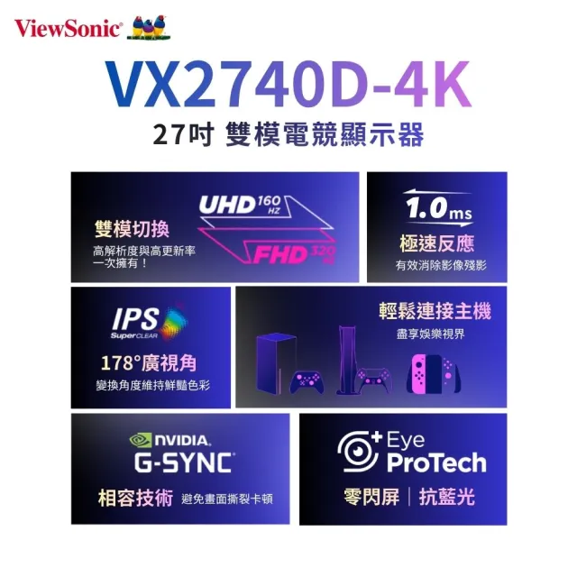 【ViewSonic 優派】VX2740D-4K 27型4K 160Hz/FHD 320Hz雙模電競螢幕(G-Sync/1ms/相容PS5與Xbox)