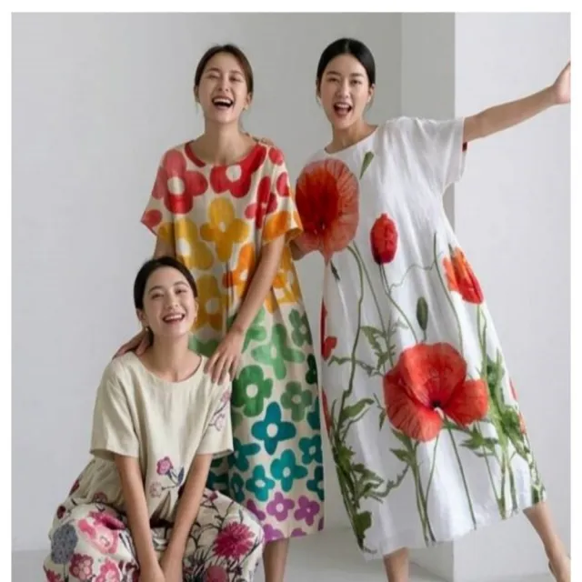【巴黎精品】現貨+預購 連身裙短袖洋裝大尺碼女裝人工彩繪(圓領寬鬆網版絹印顯瘦長裙女裙子23款b2a7 C)