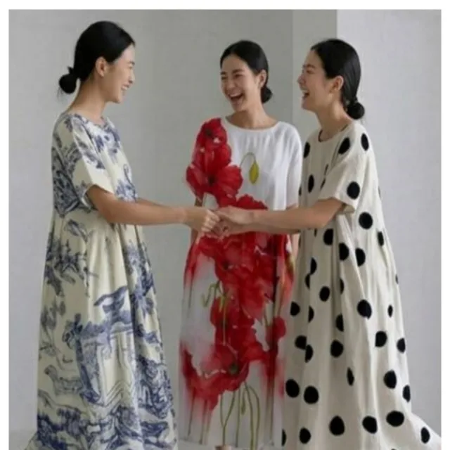 【巴黎精品】現貨+預購 連身裙短袖洋裝大尺碼女裝(圓領寬鬆網版絹印顯瘦長裙女裙子22款b2a8 C)