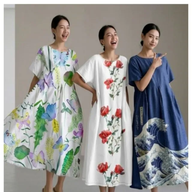【巴黎精品】現貨+預購 連身裙短袖洋裝大尺碼女裝(圓領寬鬆網版絹印顯瘦長裙女裙子22款b2a8 C)