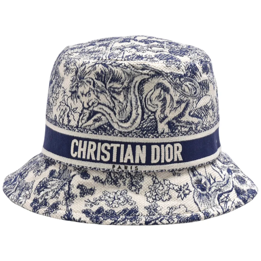 Dior 迪奧】經典Oblique Animal刺繡漁夫帽(藍/米色12TJV923X140-502