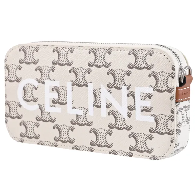 【CELINE】TRIOMPHE 品牌塗層印花拼接小包手機包斜背包(白/咖)