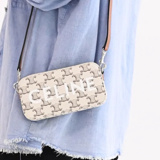 【CELINE】TRIOMPHE 品牌塗層印花拼接小包手機包斜背包(白/咖)