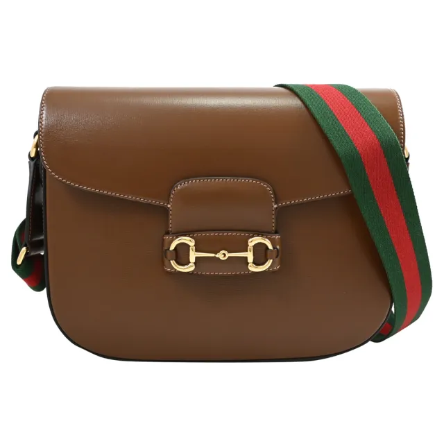 【GUCCI 古馳】Horsebit 1955 限定經典馬銜扣小牛皮翻蓋學院包斜背包(深棕 大款)