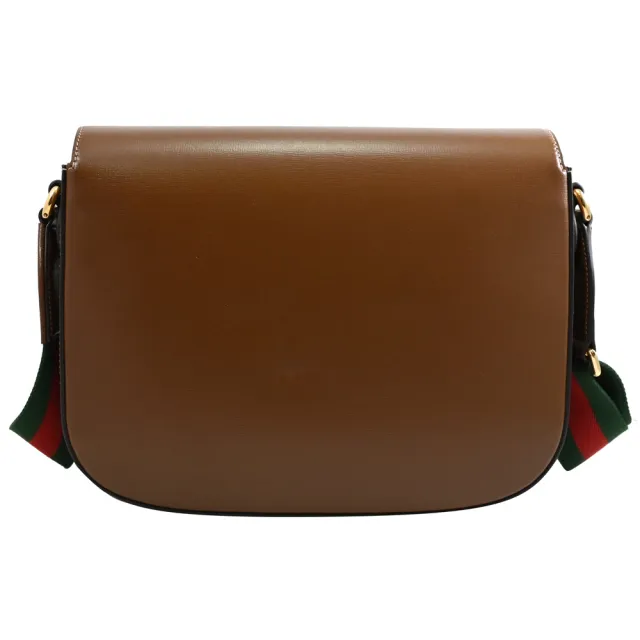 【GUCCI 古馳】Horsebit 1955 限定經典馬銜扣小牛皮翻蓋學院包斜背包(深棕 大款)