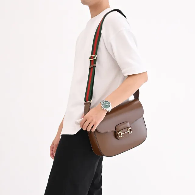 【GUCCI 古馳】Horsebit 1955 限定經典馬銜扣小牛皮翻蓋學院包斜背包(深棕 大款)