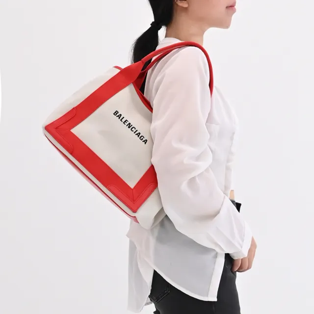 【Balenciaga 巴黎世家】NAVY 簡約LOGO厚帆布拼接附萬用袋大手提包托特包(紅邊)『entrupy安心購』
