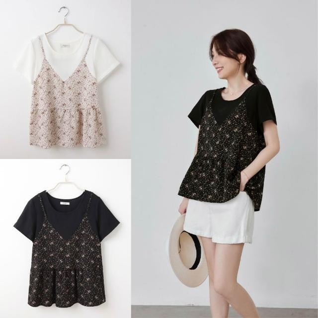【OB 嚴選】假兩件碎花傘襬吊帶短袖上衣 《AB21040-》 適 M~XL