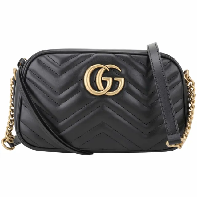 【GUCCI 古馳】GG Marmont 大款 山形絎縫皮革鍊帶包 皮革內袋-黑色